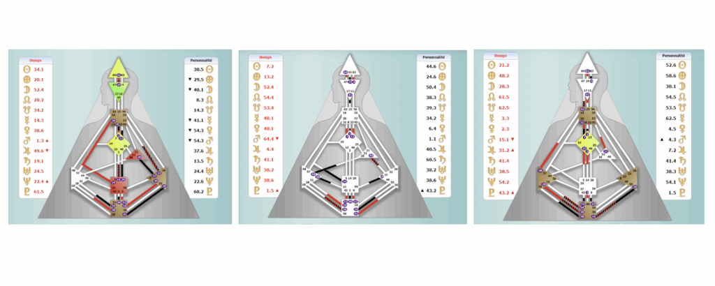 différents modèles de bodygraphs ou chartes de human design - reflector manifestor manifesting generator projector generator